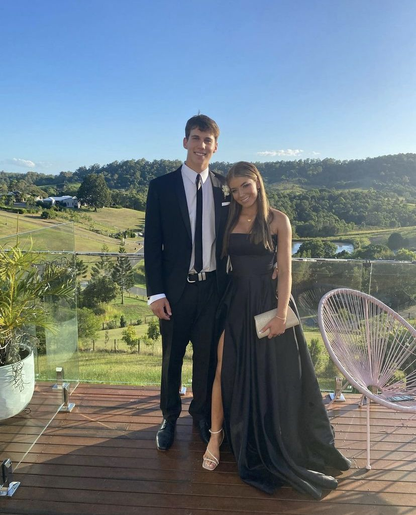 Simple A Line Strapless Black Satin Slit Long Prom Dress,Evening Dress GG1309