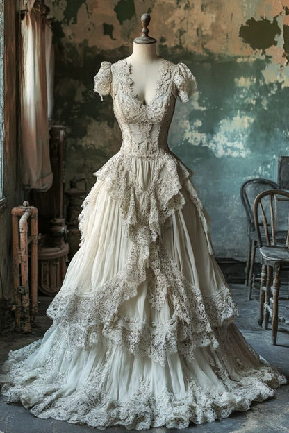 Chic A Line Lace V Neck Ivory Tulle Applique Long Prom Dress,Wedding Dress,Evening Dress GG1320