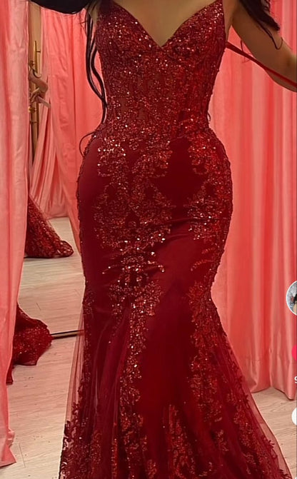 Gorgeous Mermaid Spaghetti Straps Burgundy Tulle Applique Sequin Beaded Long Prom Dress,Evening Dress GG1324
