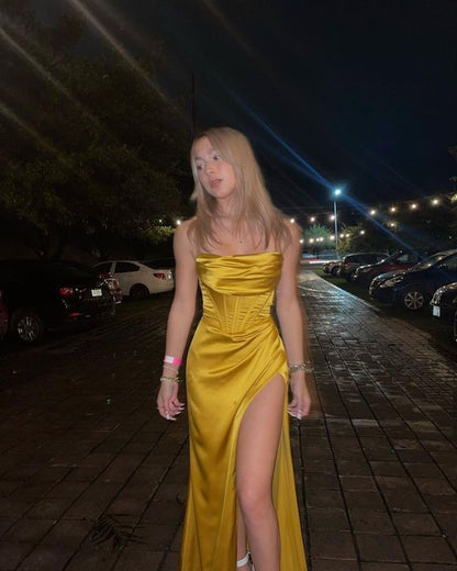 Elegant Mermaid Spaghetti Straps Yellow Satin Pleated Slit Long Prom Dress,Evening Dress GG1326