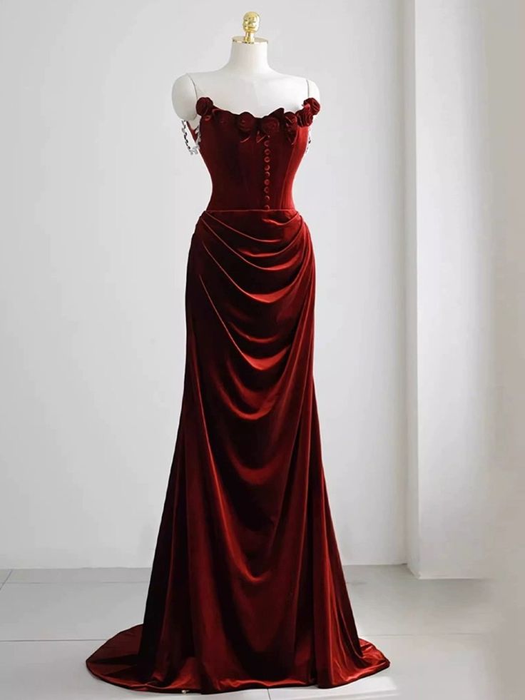 Sexy A Line Spaghetti Straps Red Velvet  Long  Floral Prom Dresses,Evening Dresses GG133