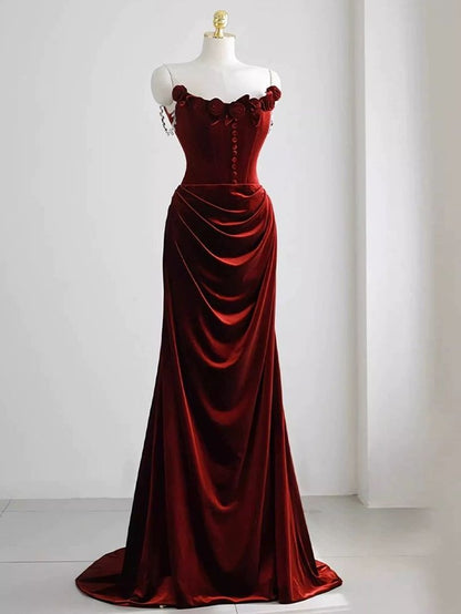Sexy A Line Spaghetti Straps Red Velvet  Long  Floral Prom Dresses,Evening Dresses GG133