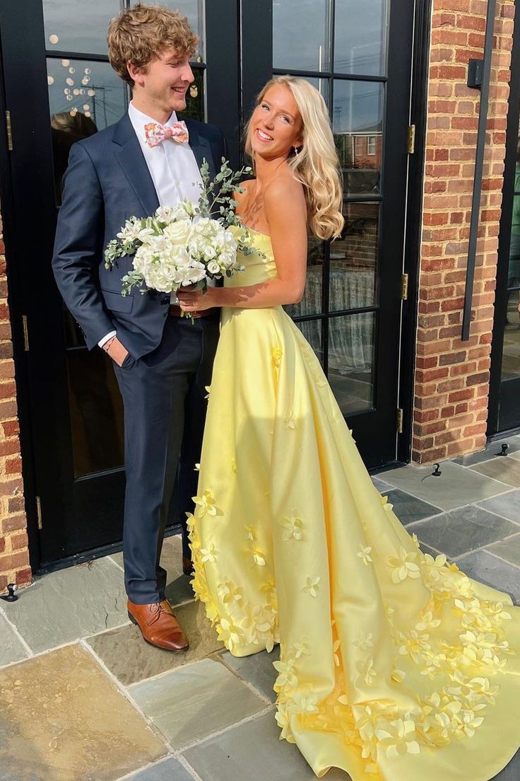 Graceful A Line Strapless Yellow Satin Applique Sweep Long Prom Dress,Evening Dress GG1334