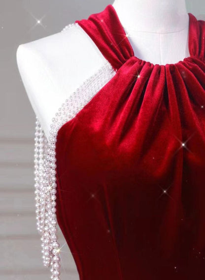 New Mermaid Halter Backless Velvet Bow Tie Pearl Long Prom Dress, Evening Dresses GG134