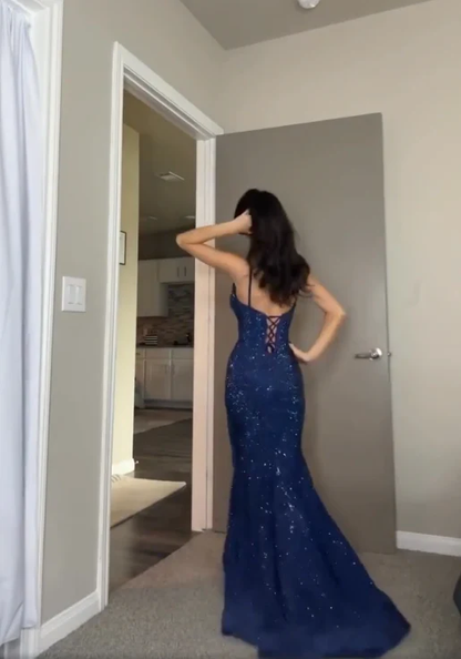 Glitter Mermaid Spaghetti Straps Dark Blue Satin Sequin Beaded Slit Long Prom Dress,Evening Dress GG1383