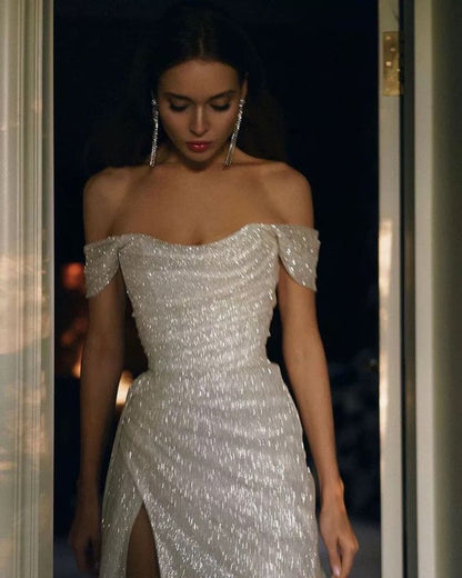 Glitter Mermaid Off The Shoulder White Satin Sequin Slit Long Prom Dress,Evening Dress GG1448