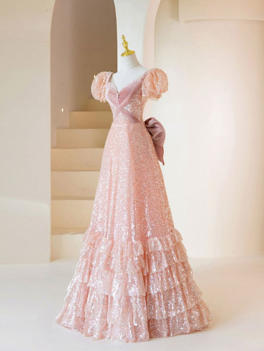 Exquisite A Line Sweetheart With Short Bubble Sleeves Sequins Long Prom Dress, Evening Dresses GG145