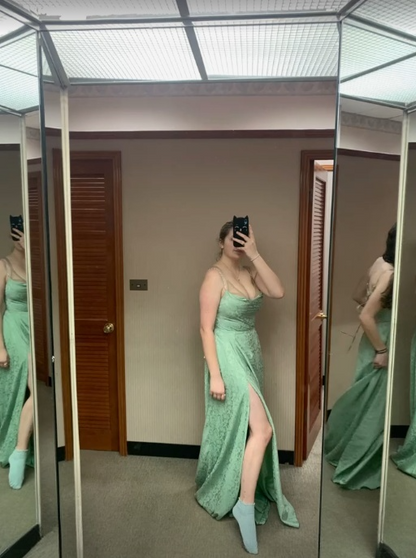 Charming A Line Spaghetti Straps Mint Green Satin Printing With Pocket Long Prom Dress,Evening Dress GG1510