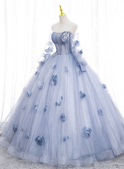 Elegant A Line Off The Shoulder Long Sleeves Lavender Tulle Long Prom Dress,Evening Dresses GG154