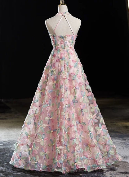 Delicate A Line Pink Halter Lace Applique Floor Length Long Prom Dress, Pink Lace Evening Dresses GG156