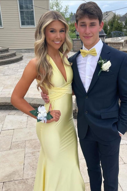 Elegant Mermaid Halter V Neck Pastel Yellow Satin Long Prom Dress,Evening Dress GG1594