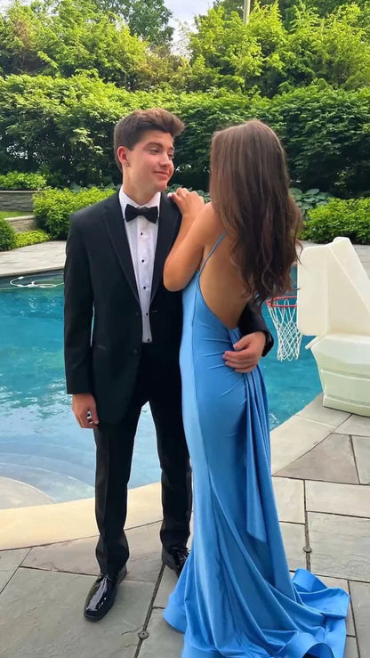 Elegant Mermaid Spaghetti Straps Blue Satin Backless Long Prom Dress,Evening Dress GG1595