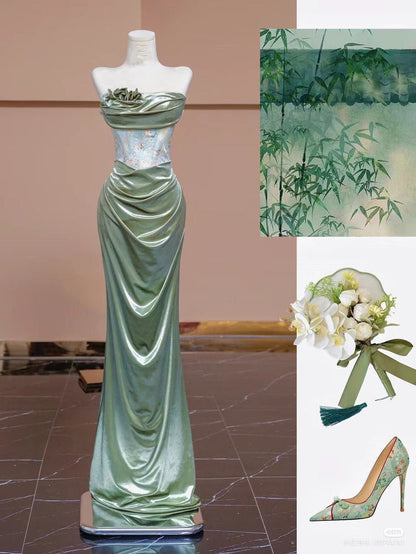 Glamorous Mermaid Strapless Velvet Pleated Long Prom Dress,Evening Dress GG1628
