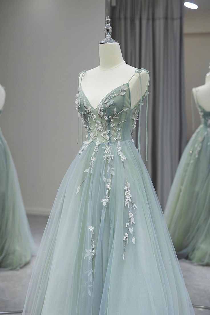 Pretty A Line Spaghetti Straps Tulle Applique Long Prom Dress,Evening Dress GG1640
