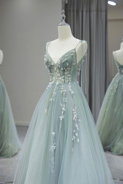 Pretty A Line Spaghetti Straps Tulle Applique Long Prom Dress,Evening Dress GG1640