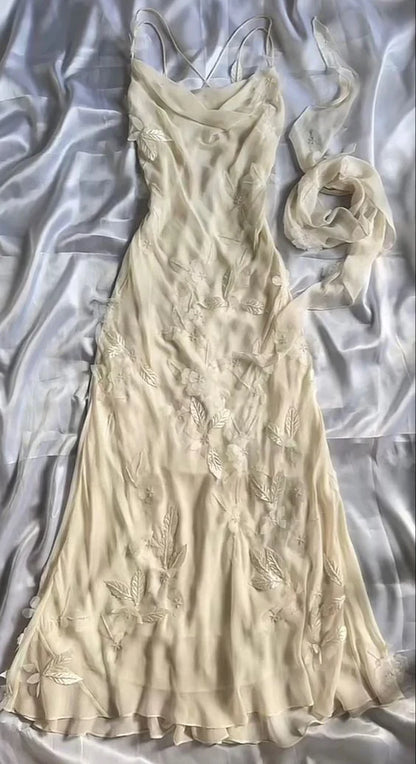 Pretty A Line Spaghetti Straps Sheath Ivory Chiffon Applique Long Prom Dress,Evening Dress GG1641