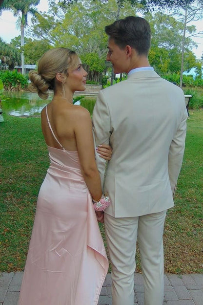 Elegant Mermaid One Shoulder Satin Pleated Slit Long Prom Dress,Evening Dress GG1642