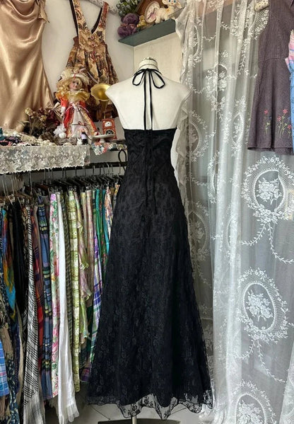 Charming A Line Halter Black Lace Ruffles Pleated Long Prom Dress,Evening Dress GG1645