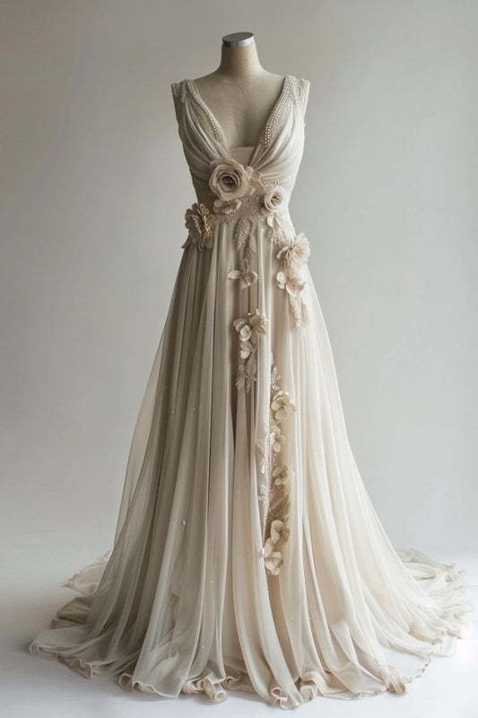 Fairy A Line V Neckline Chiffon Beaded Flower Applique Long Prom Dress,Evening Dress GG1648