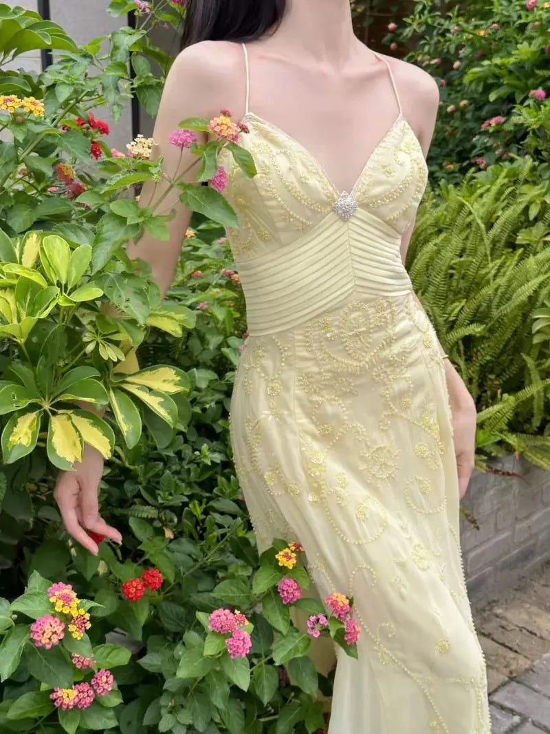 Elegant Mermaid Spaghetti Straps Pastel Yellow Chiffon Long Prom Dress,Evening Dress GG1685
