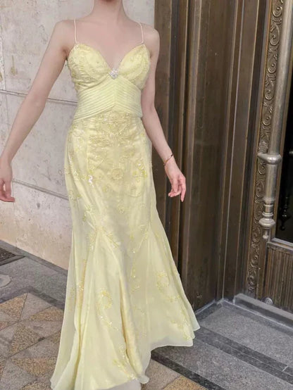 Elegant Mermaid Spaghetti Straps Pastel Yellow Chiffon Long Prom Dress,Evening Dress GG1685