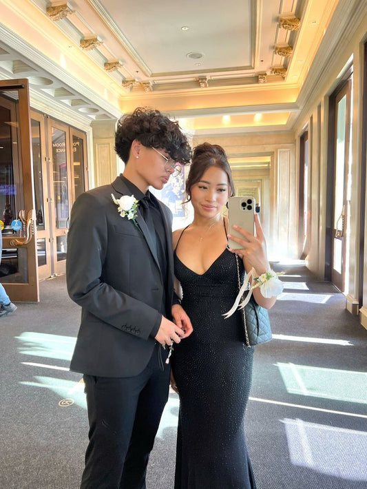 Chic Mermaid Halter Straps Black Satin Beaded Long  Prom Dress,Evening Dress GG1696