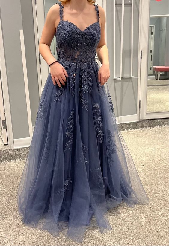 Elegant A Line Spaghetti Straps Tulle Applique Beaded With Pocket Long Prom Dress,Evening Dress GG1714