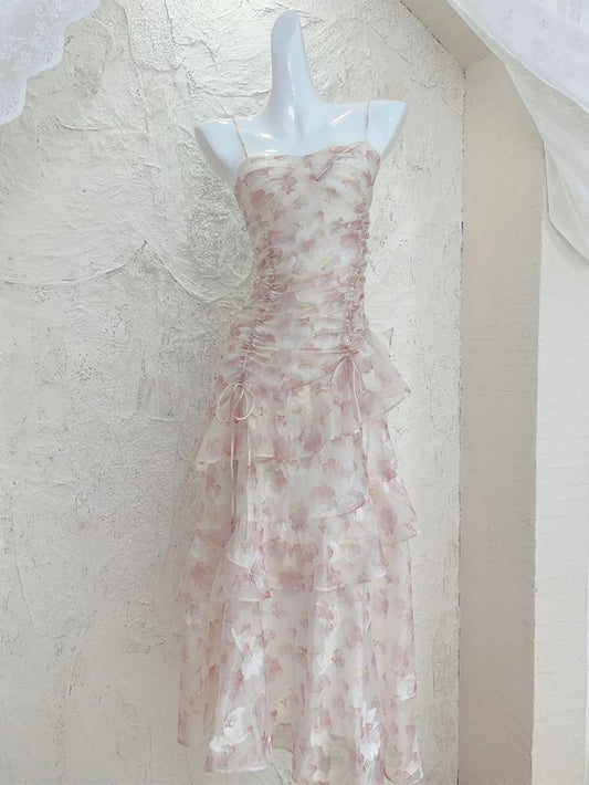 Fairy A Line Spaghetti Straps Chiffon Printing Tiered Long Prom Dress,Evening Dress GG1726