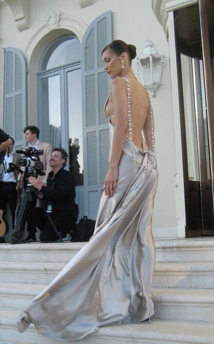 Sexy A Line V Neck Satin Backless Long Prom Dress,Evening Dress GG1736