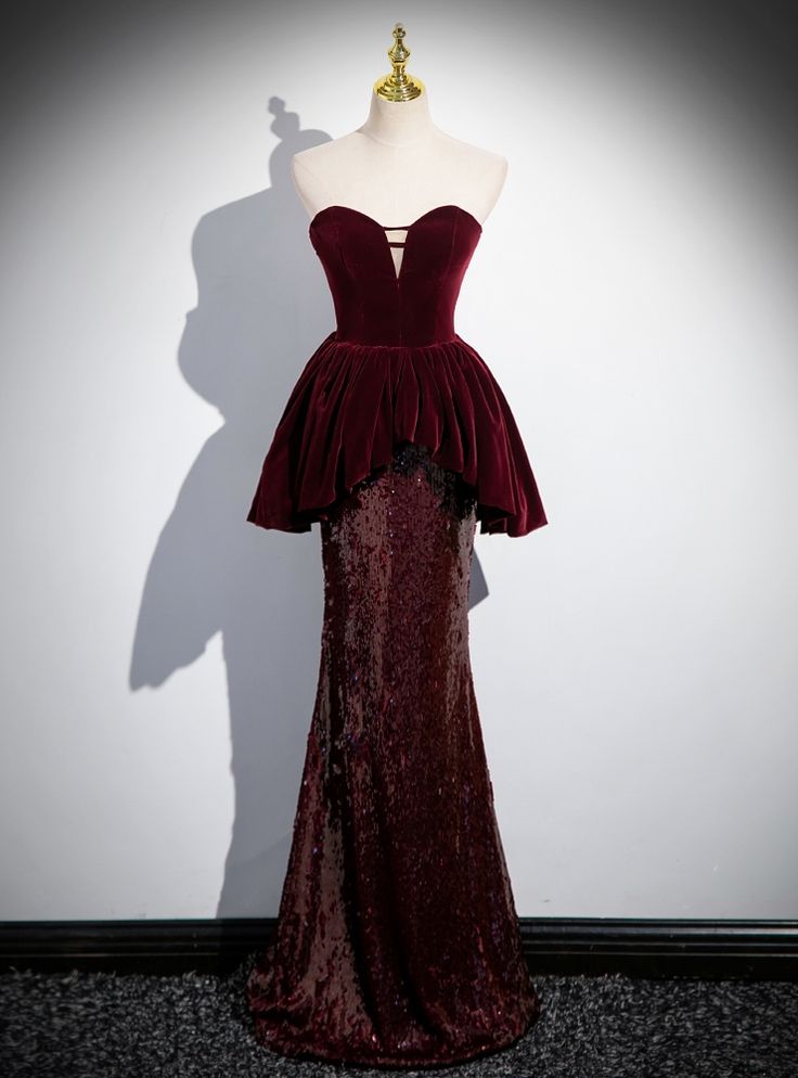 Pretty Mermaid Sweetheart Burgundy Velvet Sequin Long Prom Dress,Evening Dress GG1747