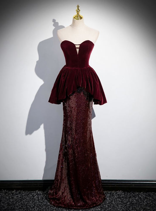 Pretty Mermaid Sweetheart Burgundy Velvet Sequin Long Prom Dress,Evening Dress GG1747