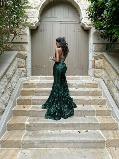 Glitter Mermaid V Neck Dark Green Satin Sequin Slit  Long Prom Dress,Evening Dress GG1757