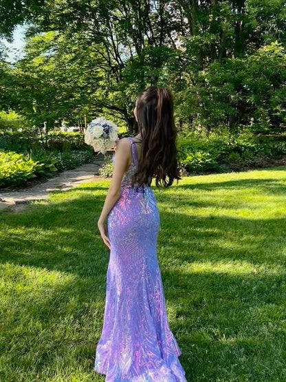 Glamorous Mermaid Square Lilac Sequin Long Prom Dress,Evening Dress GG1760