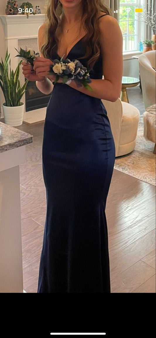Simple Mermaid Spaghetti Straps V Neck Navy Satin Long Prom Dress,Evening Dress GG1766