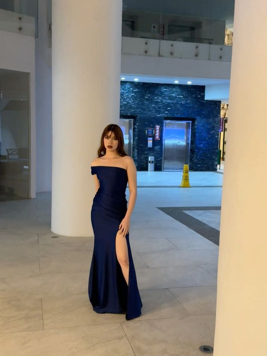 Charming Mermaid Off The Shoulder Navy Satin Slit Long Prom Dress,Evening Dress GG1769