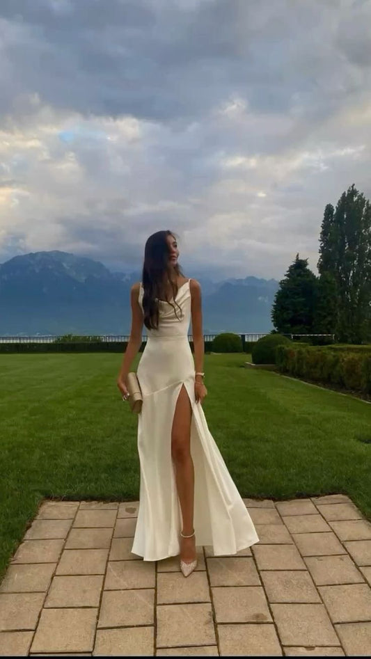 Simple Mermaid Spaghetti Straps Ivory Satin Slit Long Prom Dress,Evening Dress GG1781
