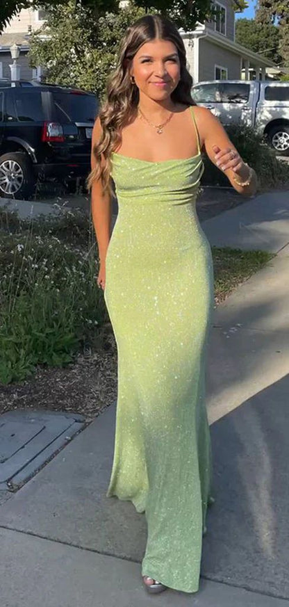 Glitter Mermaid Spaghetti Straps Satin Sequin Long Prom Dress,Evening Dress GG1782