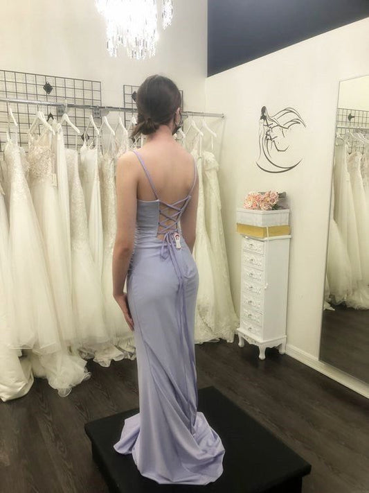 Pretty Mermaid Spaghetti Straps Lavender Satin Long Prom Dress,Evening Dress GG1790