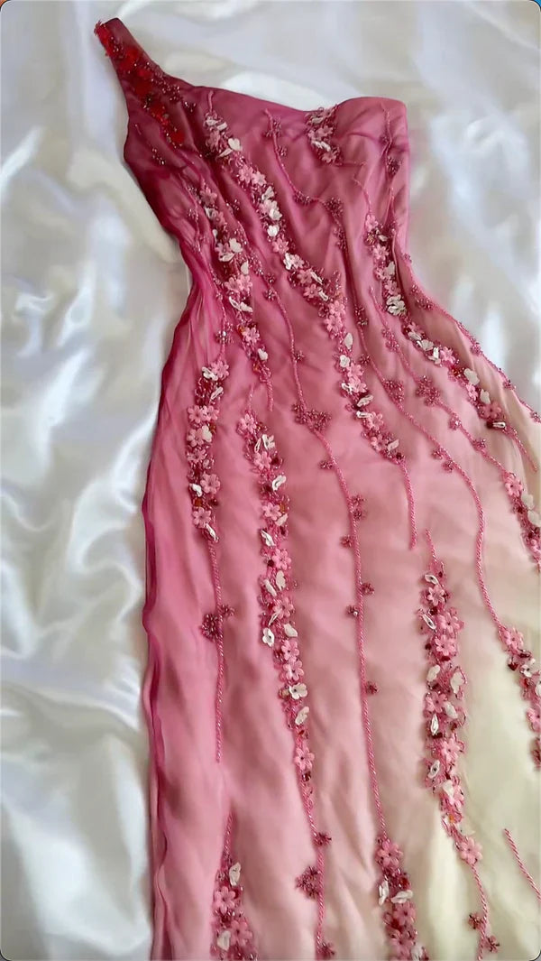 Ombre Mermaid One Shoulder Chiffon Beaded Long Prom Dress,Evening Dress GG1804