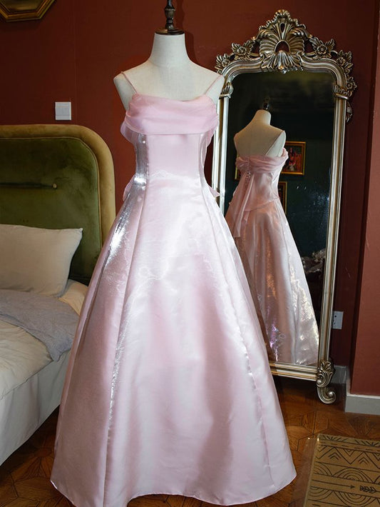 Elegant A Line Spaghetti Straps Pink Satin Long Prom Dress,Evening Dress GG1807