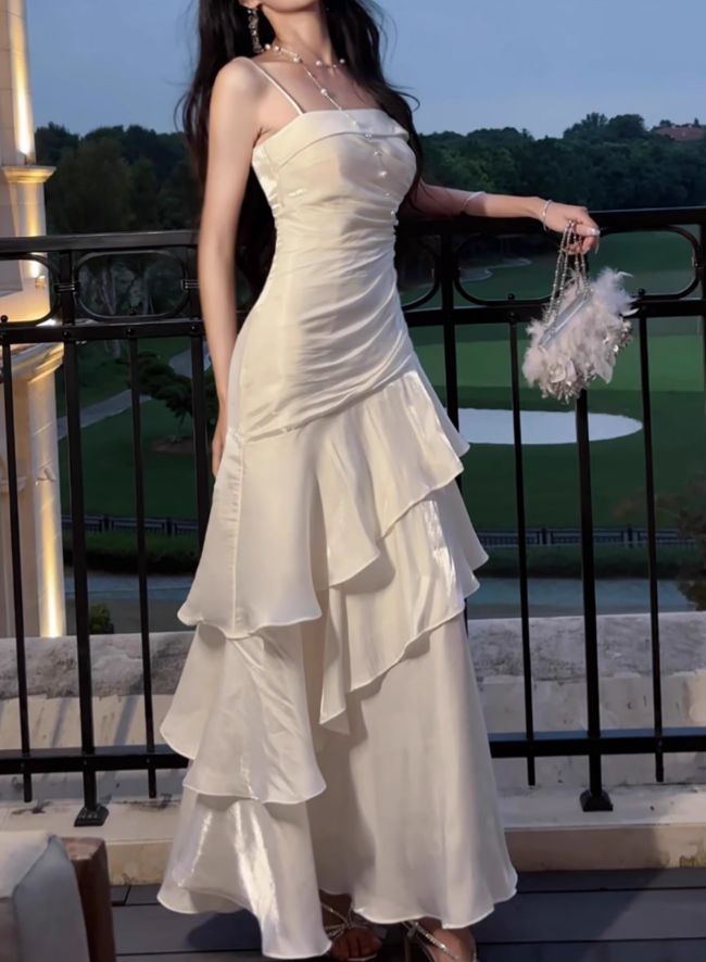Fairy Mermaid Spaghetti Straps White Satin Tiered Long Prom Dress,Evening Dress GG1812