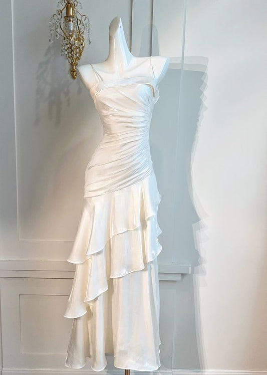 Fairy Mermaid Spaghetti Straps White Satin Tiered Long Prom Dress,Evening Dress GG1812