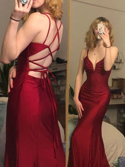 Elegant Mermaid Spaghetti Straps Burgundy Satin  Long Prom Dress,Evening Dress GG1819