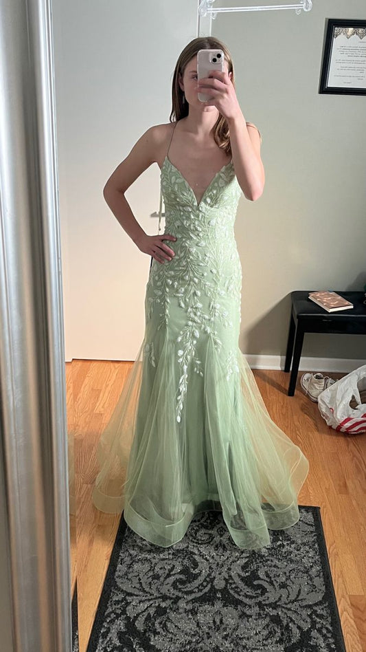 Beautiful  Mermaid Spaghetti Straps Tulle Applique Long Prom Dress,Evening Dress GG1842