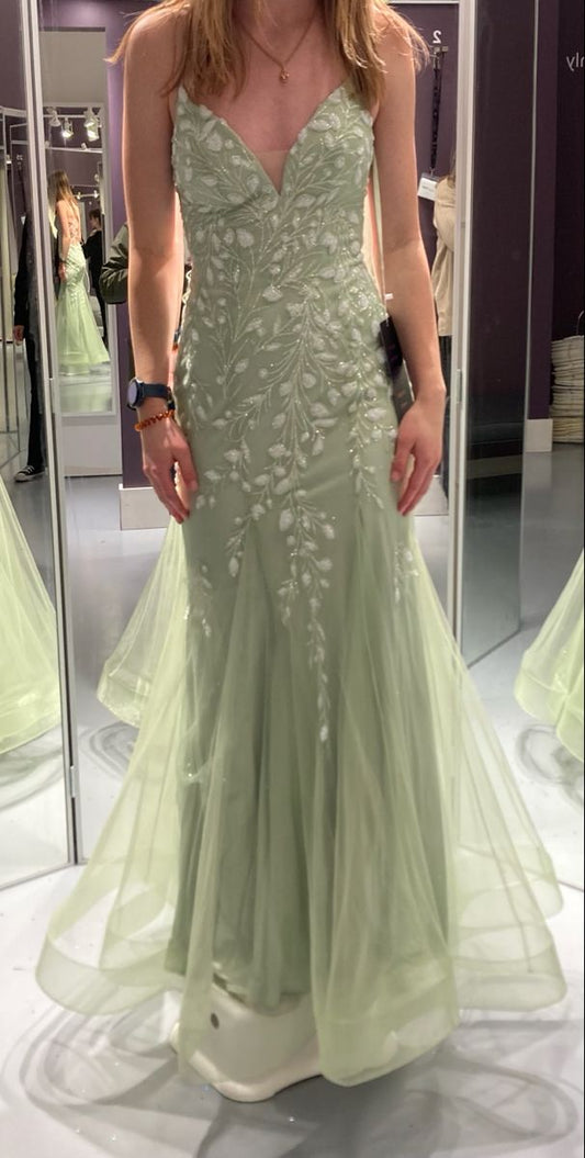 Beautiful  Mermaid Spaghetti Straps Tulle Applique Long Prom Dress,Evening Dress GG1842