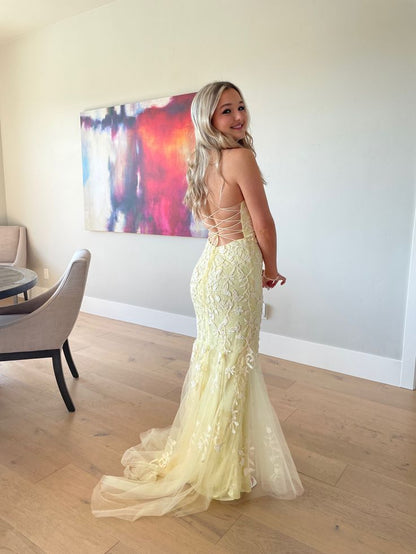 Pretty Mermaid Spaghetti Straps Pastel Yellow Tulle Applique Long Prom Dress,Evening Dress GG1843