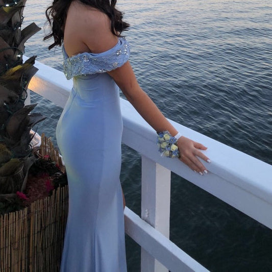 Pretty Mermaid Off The Shoulder Lavender Satin Slit Long Prom Dress,Evening Dress GG1863