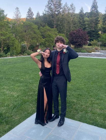 Elegant Mermaid Spaghetti Straps Black Satin Slit Long Prom Dress,Evening Dress GG1864