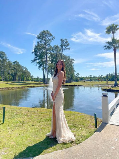 Pretty Mermaid Spaghetti Straps Light Ivory Tulle Applique Slit Long Prom Dress,Evening Dress GG1867