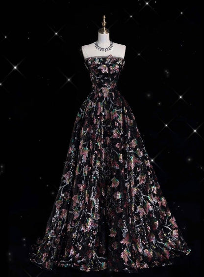 Glamorous A Line Strapless Satin Embroidery Applique Long Prom Dress,Evening Dress GG1899